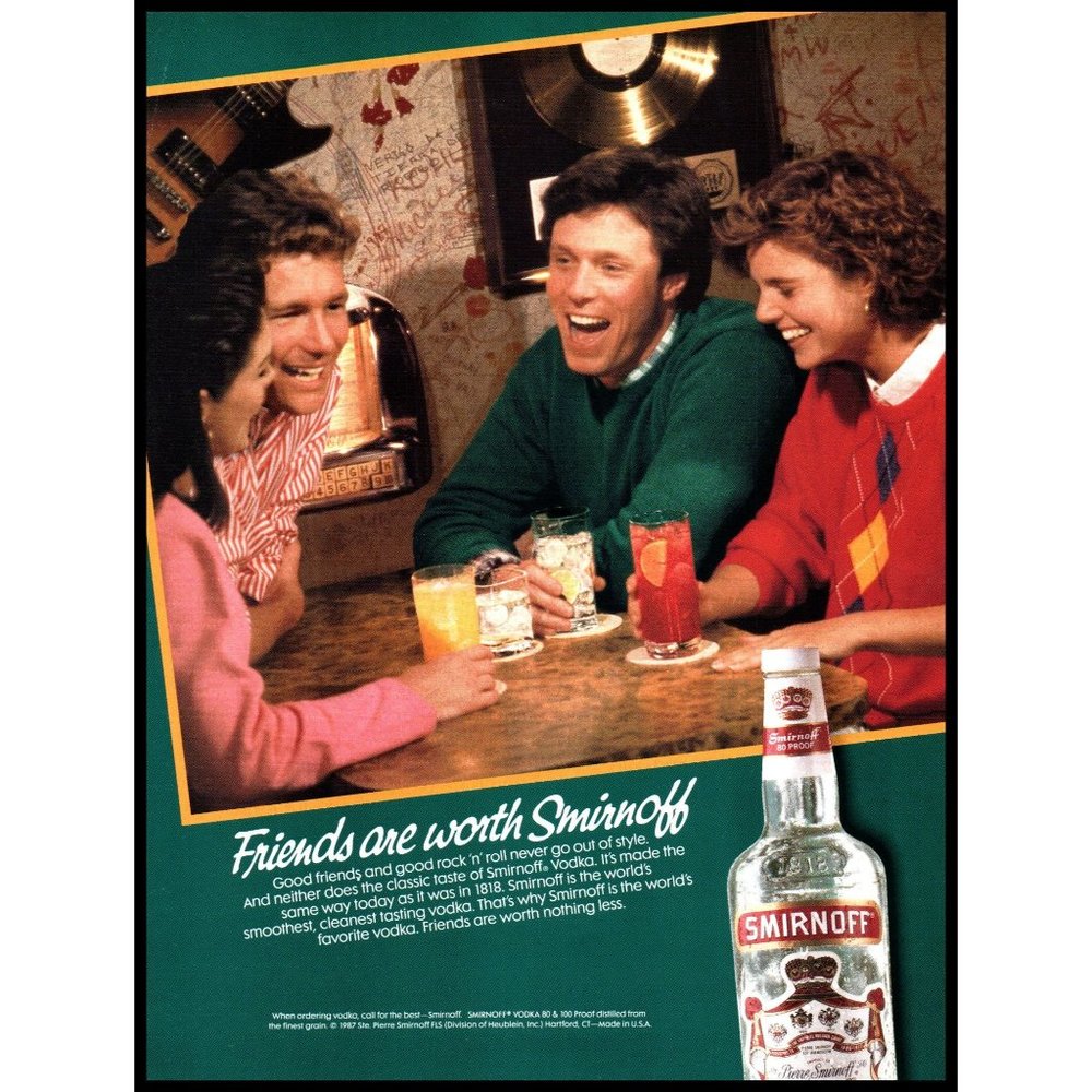 1988 Smirnoff Vodka Vintage Print Ad Friends 80s Fashion Jukebox Wall Art Photo